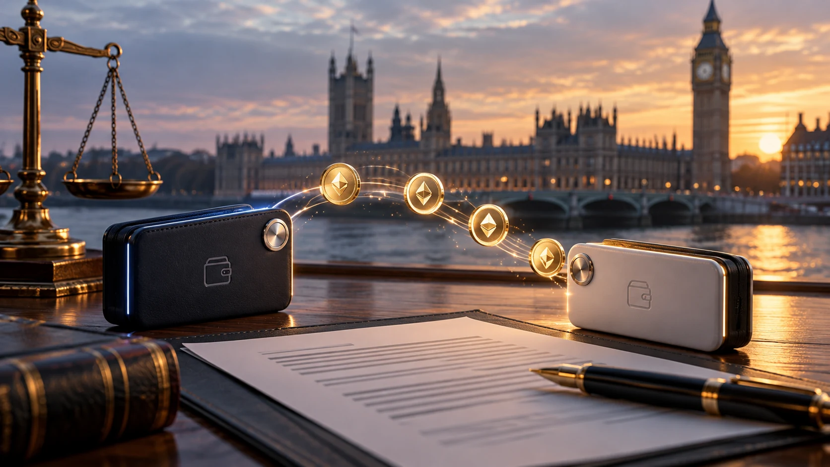 Scambio tra portafogli digitali e documenti sullo sfondo di Londra: illustrazione del trading P2P