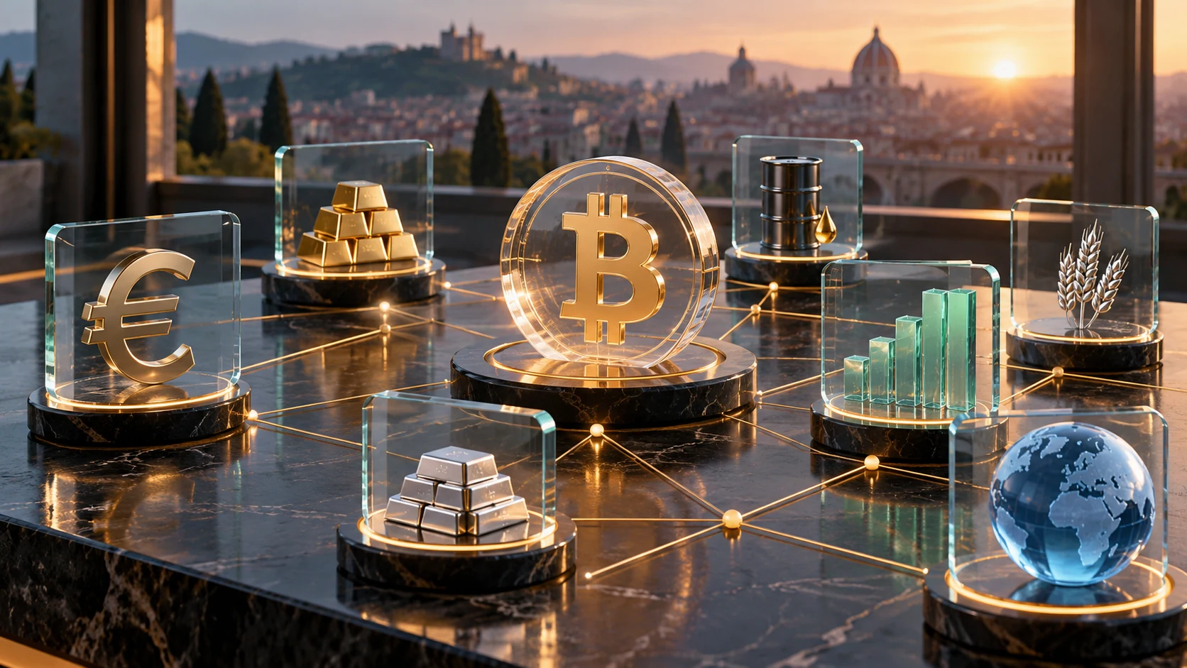 Diversi strumenti finanziari rappresentati su piedistalli: illustrazione del trading multi-asset