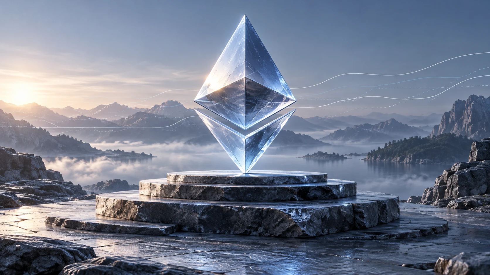 Simbolo Ethereum sopra una base di pietra: illustrazione del supporto di mercato