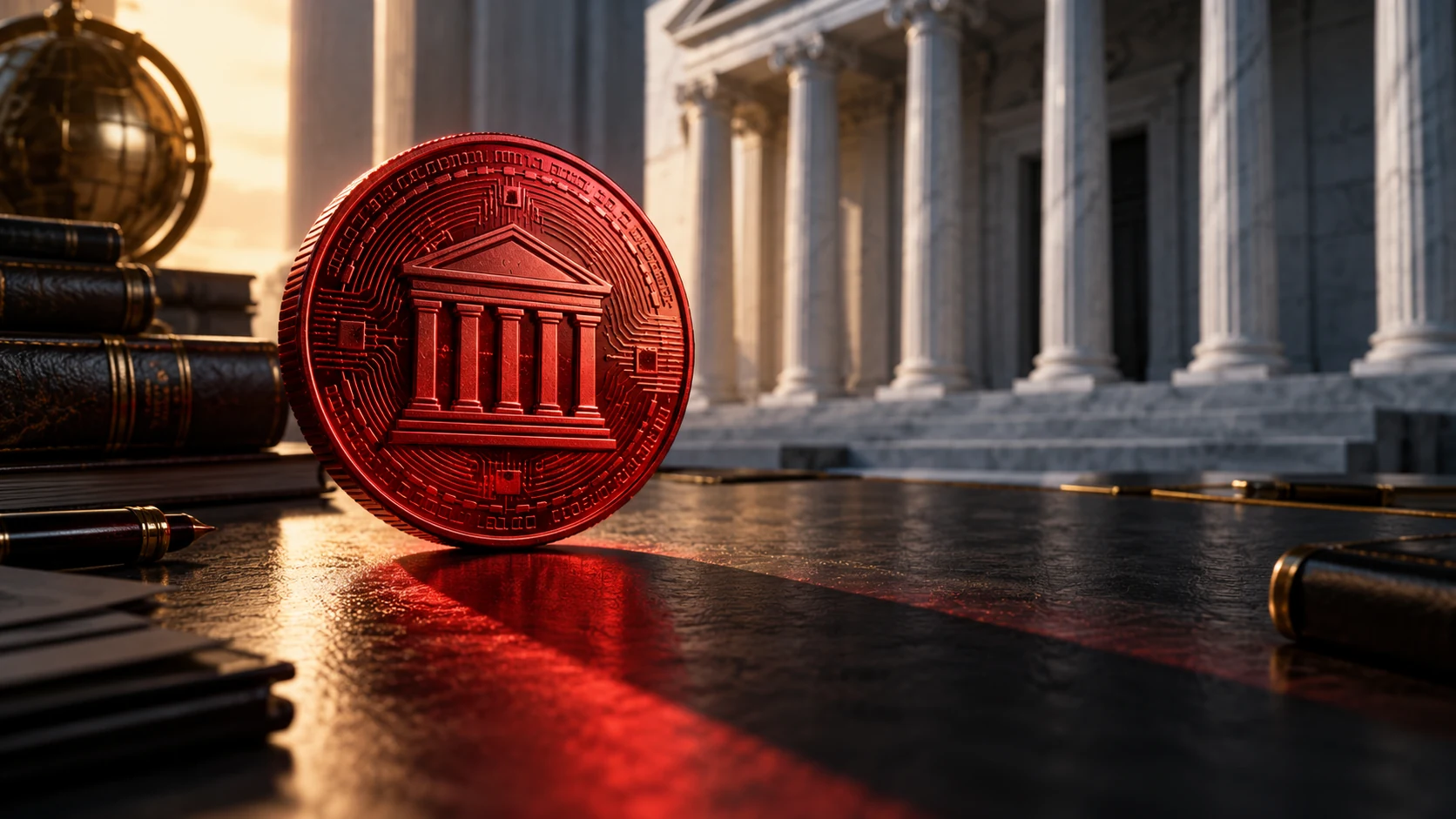 Token simbolico davanti a un edificio istituzionale: illustrazione del rischio delle memecoin