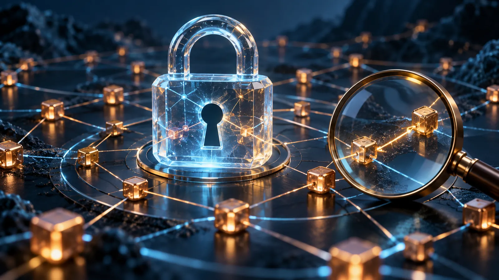 Lucchetto trasparente e lente di ingrandimento su una rete di nodi digitali