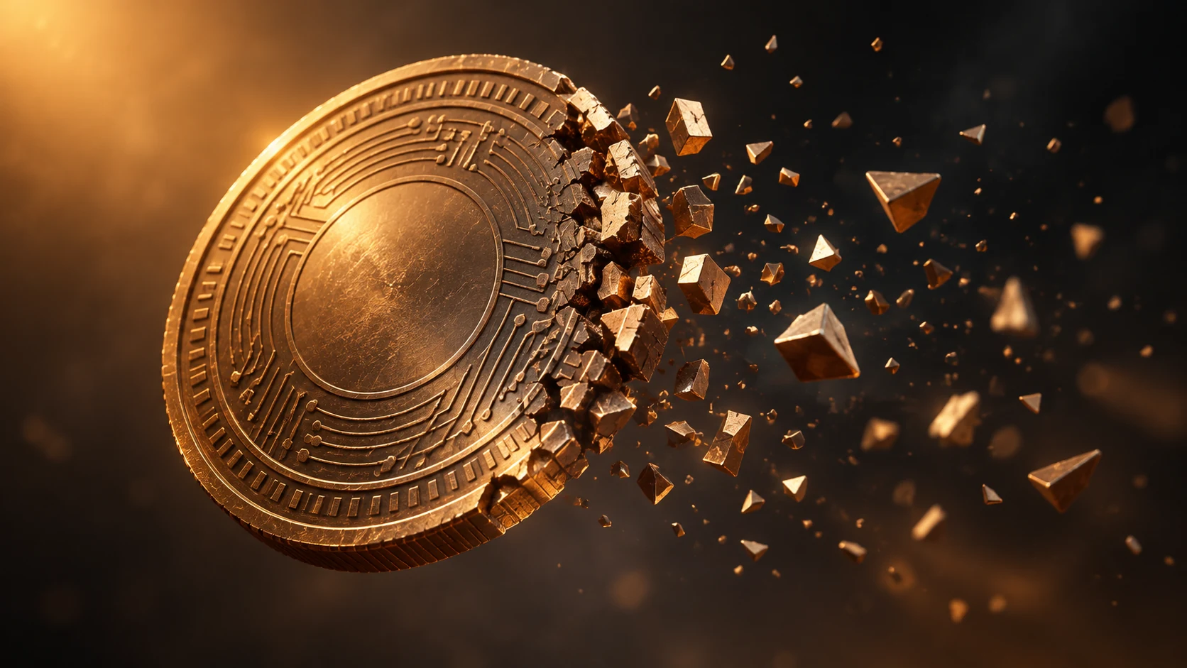 Moneta simbolica che si frammenta: illustrazione della volatilità delle memecoin