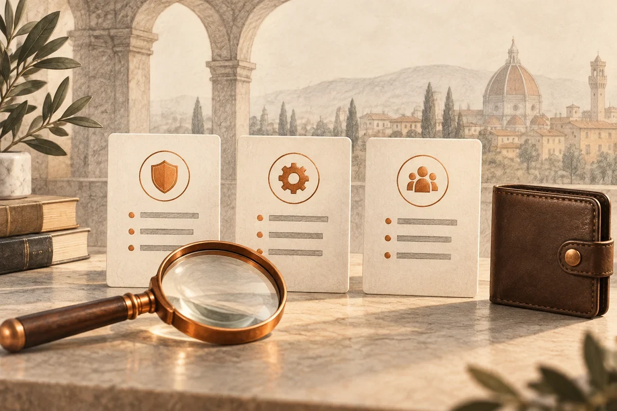 Illustrazione di schede di confronto e una lente per valutare un servizio crypto.