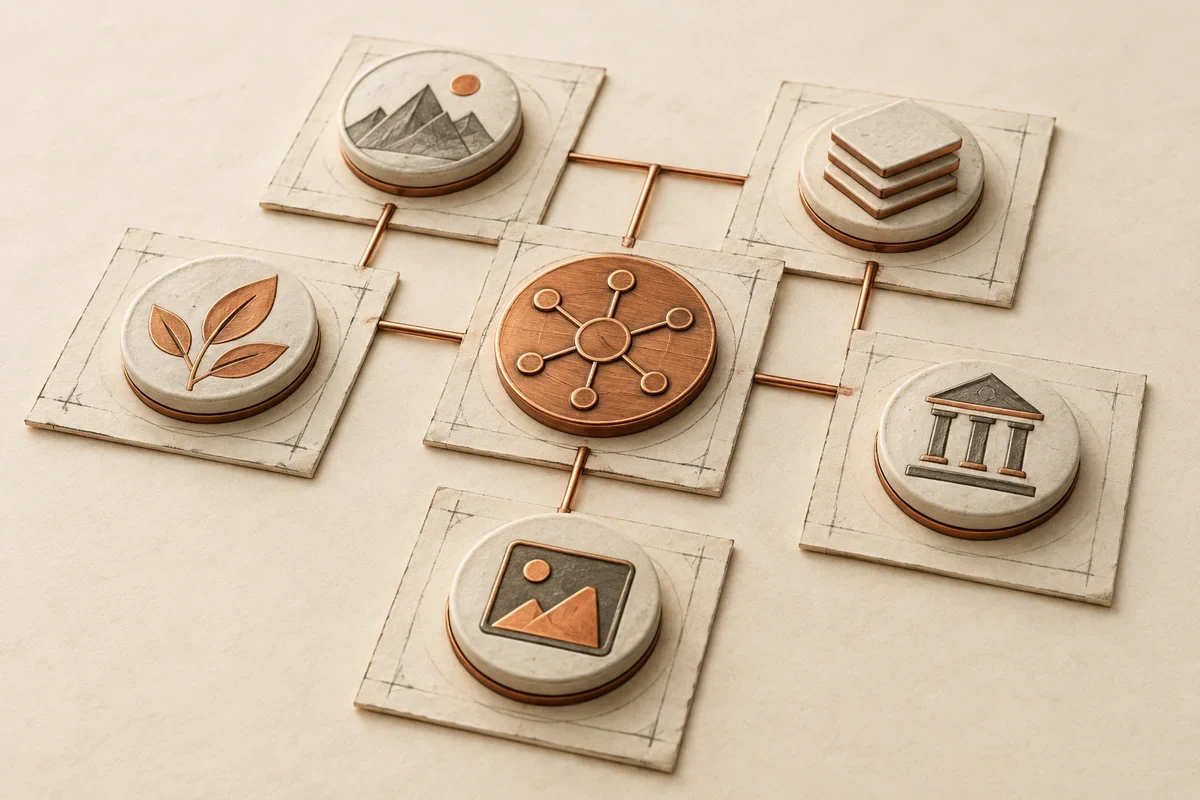 Illustrazione di token diversi collegati a un registro condiviso.