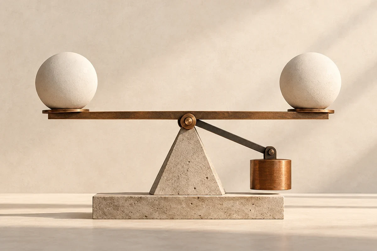 Illustrazione di elementi in equilibrio con sostegni e contrappesi.