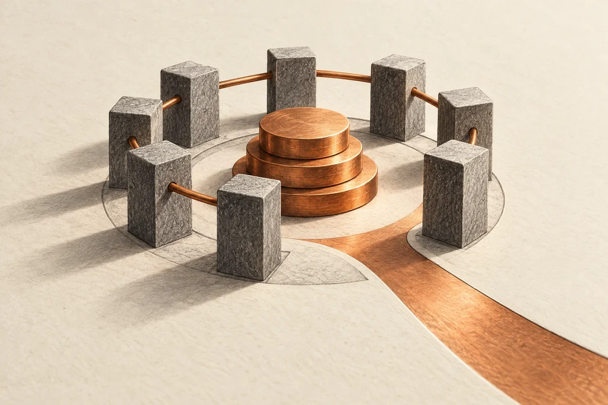 Illustrazione di blocchi di validazione attorno a token impegnati in una rete.